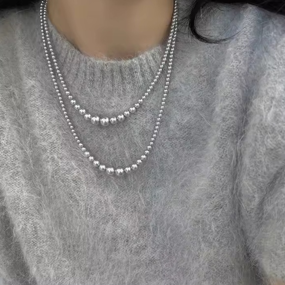 Layered Silver Bead Necklace Set – Elegant Double Strand Design – Lightweight - Picture 3 of 3